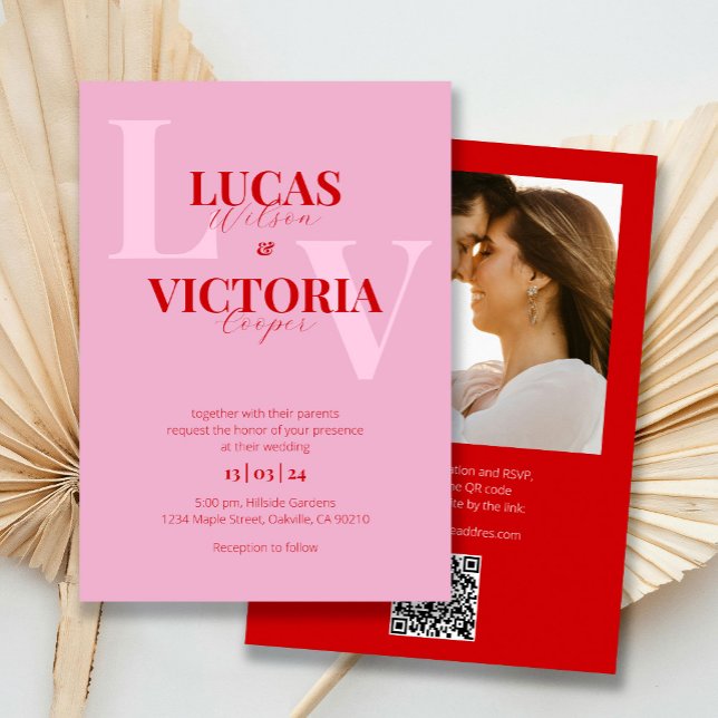 Hellrosa und Red QR Code Foto Hochzeit Einladung (Von Creator hochgeladen)