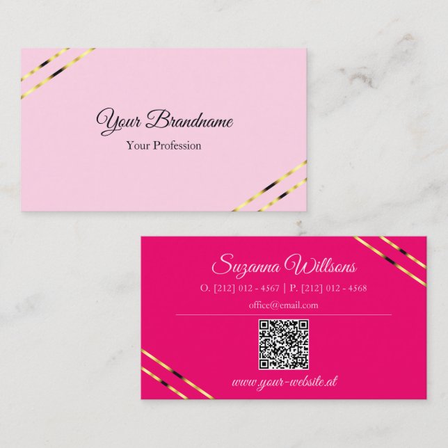 Hellrosa und Rosa mit goldenen Linien QR-Code Visitenkarte (Vorne/Hinten)