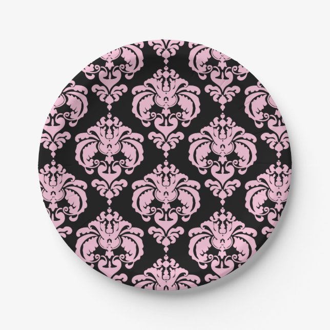 Hellrosa und schwarze Damaske Chic Elegantes Party Pappteller (Vorderseite)