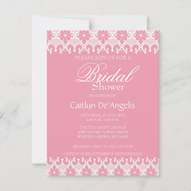 Hellrosa und weiße Spitzen Bridal Dusche Einladung (Vorderseite)