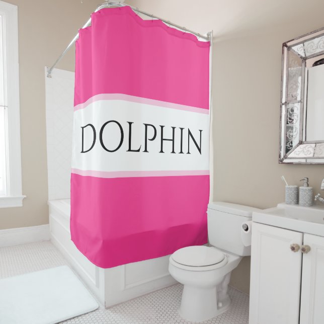 Hellrosa, weiße Streifen DOLPHIN-Text Duschvorhang (Beispiel)