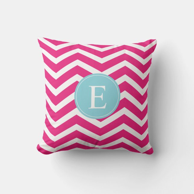 Hellrosa Zickzack Blue Monogram Kissen (Vorderseite)