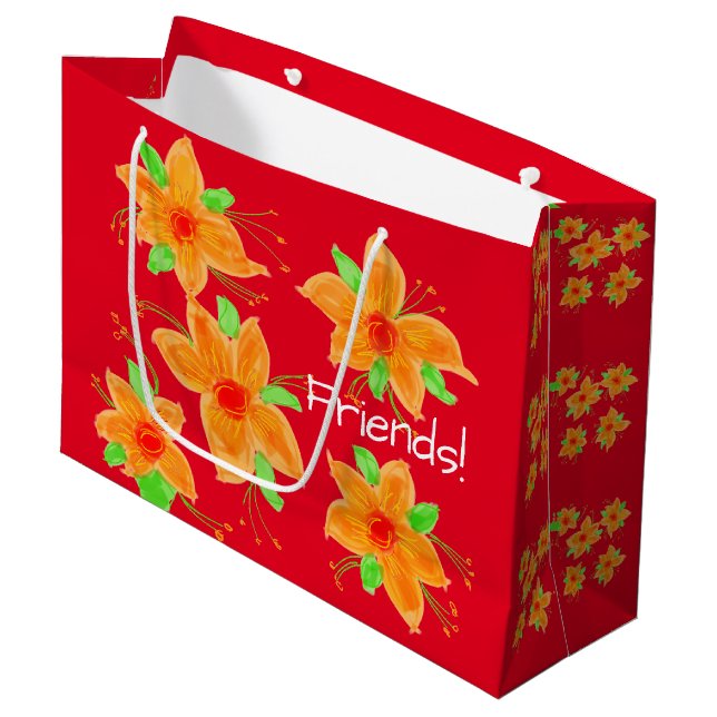 Hellrot mit Orange Große Geschenktüte (Vorderseite Schrägansicht)