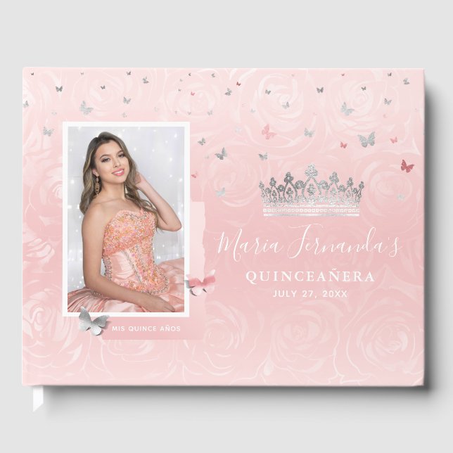 Hellrot Rosa Silber Elegantes Foto Quinceanera Gästebuch (Vorderseite)