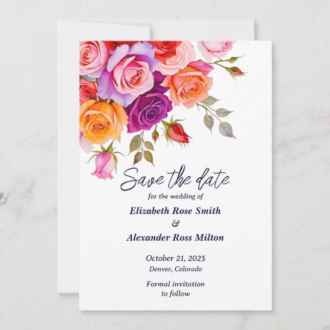 Hellrot und rosa lila Rose Hochzeit mit Blumen Save The Date (Vorderseite)