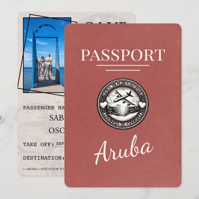 Hellroter Aruba Reisepass Save The Date (Vorne/Hinten)