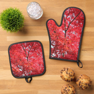 Hellroter Japanischer Ahornbaum Ofenhandschuh & Topflappen-Set