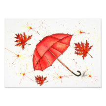 Hellroter Regenschirm und rote Blätter Aquarell
