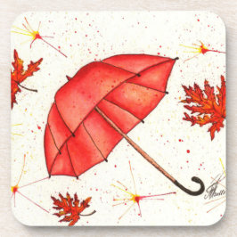Hellroter Regenschirm und rote Blätter Aquarell Getränkeuntersetzer