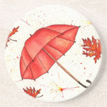 Hellroter Regenschirm und rote Blätter Aquarell