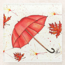 Hellroter Regenschirm und rote Blätter Aquarell