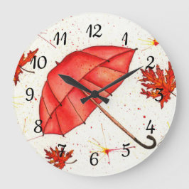 Hellroter Regenschirm und rote Blätter Aquarell Große Wanduhr