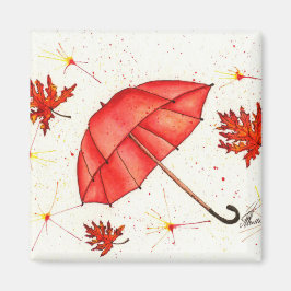 Hellroter Regenschirm und rote Blätter Aquarell Magnet