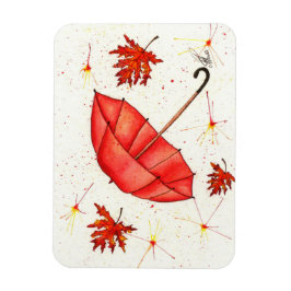 Hellroter Regenschirm und rote Blätter Aquarell Magnet