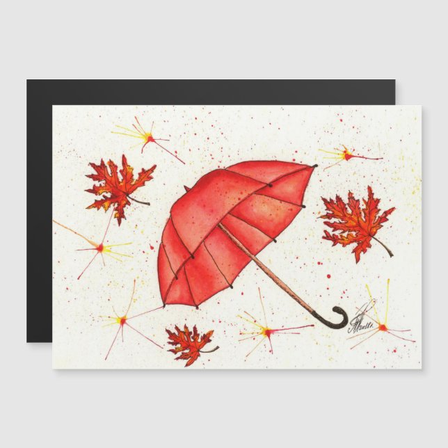 Hellroter Regenschirm und rote Blätter Aquarell Magnetkarte (Vorne/Hinten)