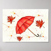 Hellroter Regenschirm und rote Blätter Aquarell