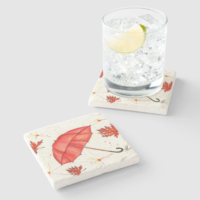 Hellroter Regenschirm und rote Blätter Aquarell Steinuntersetzer (Seitenansicht)