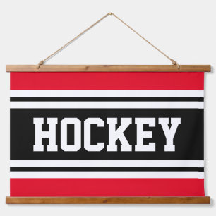 Hellroter, Schwarz-weißer Streifen - HOCKEY-Text Wandteppich Mit Holzrahmen