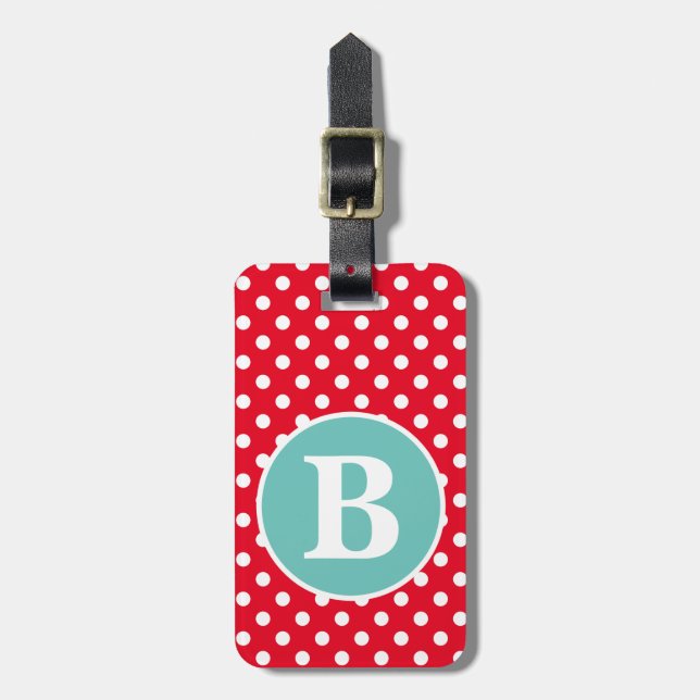 Hellroter und weißer Polka-Dot mit Aquamarinem Mon Gepäckanhänger (Vorderseite vertikal)