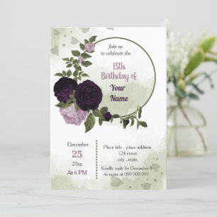 hellviolette Blumen, grüner Kranz Geburtstag Einladung