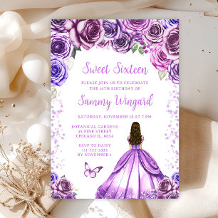 Hellviolette Braunhaarige Prinzessin Sweet Sixteen Einladung