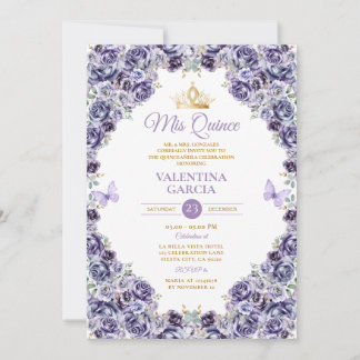 Hellviolette Quinceañera 15 Jahre Florale Goldene Einladung