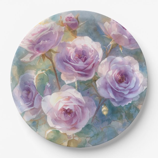 Hellviolette Rosen Impressionistische Blumen Pappteller (Vorderseite)