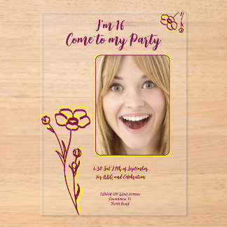 Hellviolette und gelbe Blume zum 16. Geburtstag Acryleinladungen
