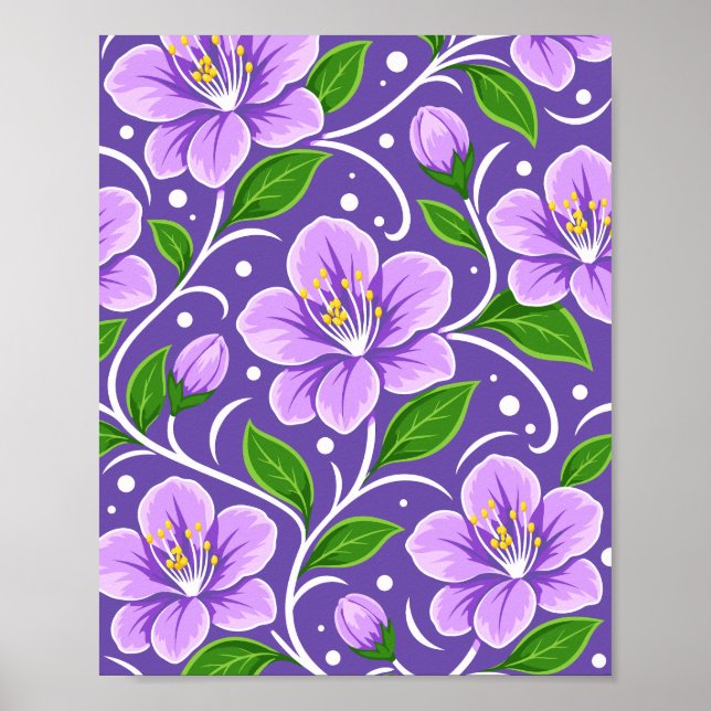 Hellviolettes Blumenmuster mit grünen Blättern Poster (Vorne)