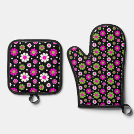 HELLWARNPINK & LIME GRÜNE BLUME OFENHANDSCHUH & Topflappen-Set