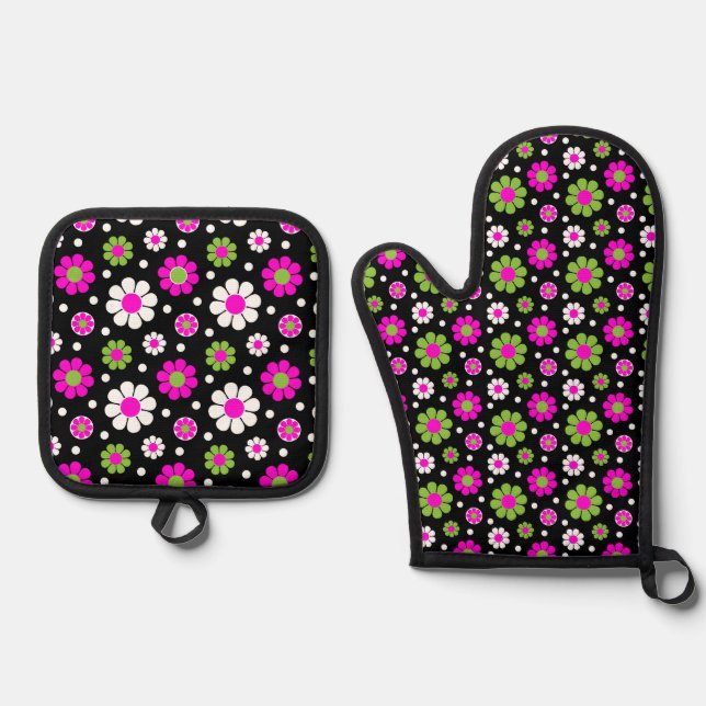 HELLWARNPINK & LIME GRÜNE BLUME OFENHANDSCHUH & Topflappen-Set (Vorderseite)