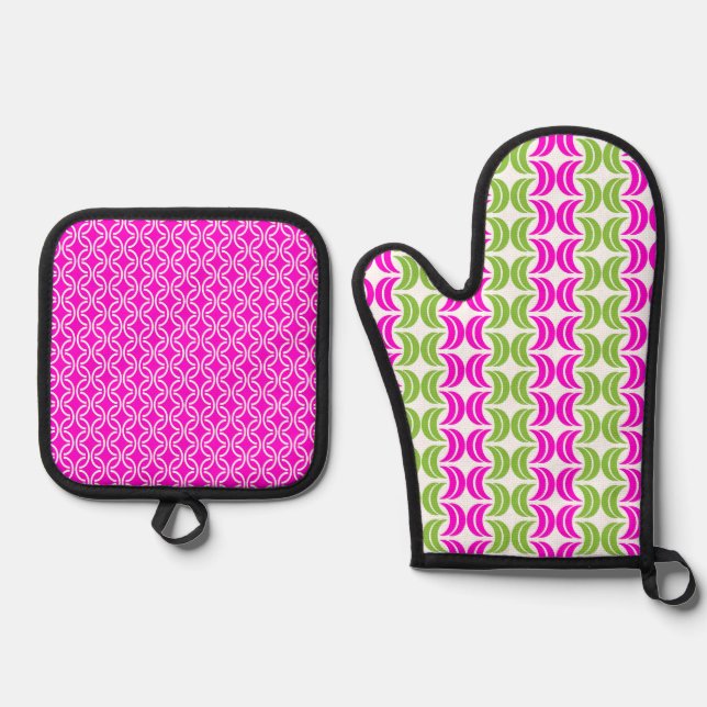 HELLWARNPINK UND GRÜNE GEOMETRISCHE PATTER OFENHANDSCHUH & Topflappen-Set (Vorderseite)