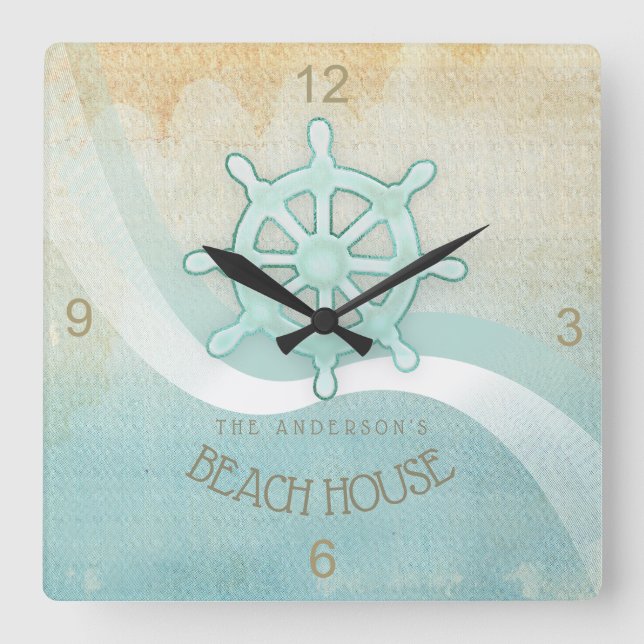 Helm Aqua Blue ID623 Beach House Nautical Boat Quadratische Wanduhr (Vorderseite)