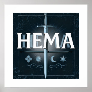 HEMA-Mittelaltermittel-Schwert-Emblem – Blau im Gr Poster