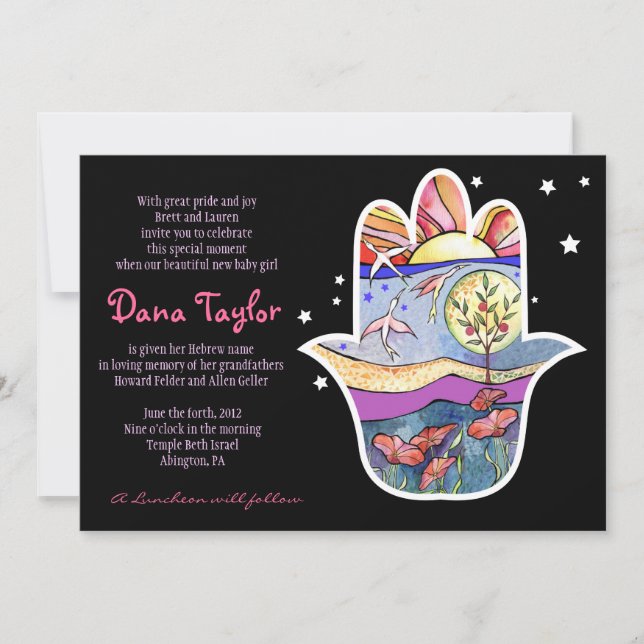 Hemsa Jüdisches Babynamen Einladung Hebräisch (Vorderseite)