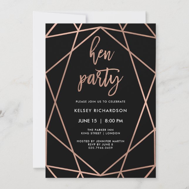 Hen Party | Imitate Rose Gold Geometrie auf schwar Einladung (Vorderseite)