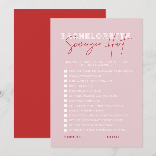 HENLEY Pink Red Bachelorette Scavenger Jagdkarte Einladung (Vorne/Hinten)