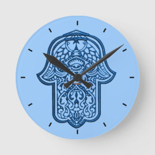 Henna Hand von Hamsa (blau) Runde Wanduhr