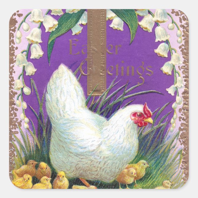 Henne, Chicks und Kreuz Vintager Ostern Quadratischer Aufkleber (Vorderseite)