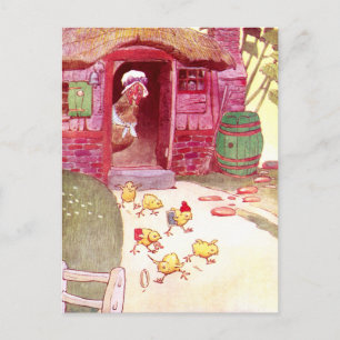 Henne im rosa Haus beobachtet Küken Postkarte