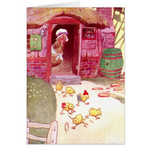 Henne in rosa Haus-aufpassenden Küken