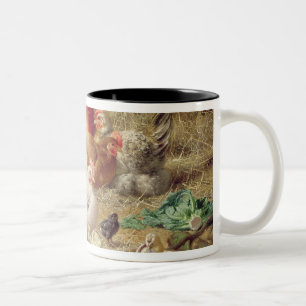 Hennen, die mit ihren Hühnern roosting sind Zweifarbige Tasse