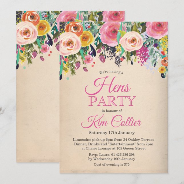 Hennen Party Vintage Blumeneinladung Einladung (Vorne/Hinten)