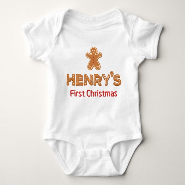 Henry's First Christmas Gingerbread Personalisiert Baby Strampler (Vorderseite)