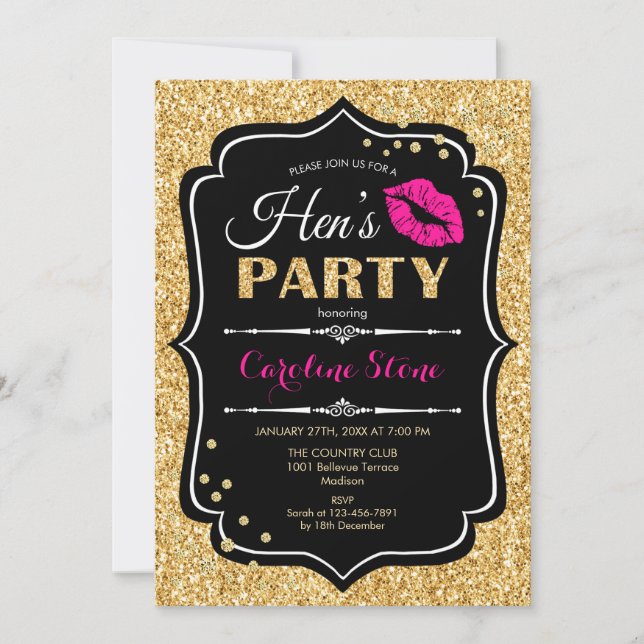 Hens Party - Black Pink Gold Einladung (Vorderseite)