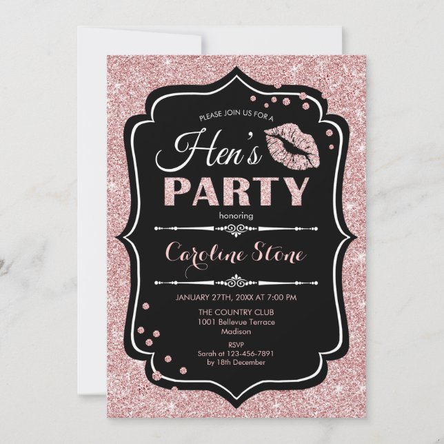 Hens Party - Schwarze Rose Gold Einladung (Vorderseite)