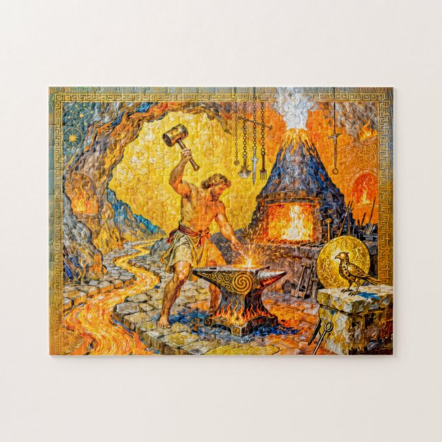 Hephaestus in der Schmiede mit Hammer, Amboss, Vul (Horizontal)
