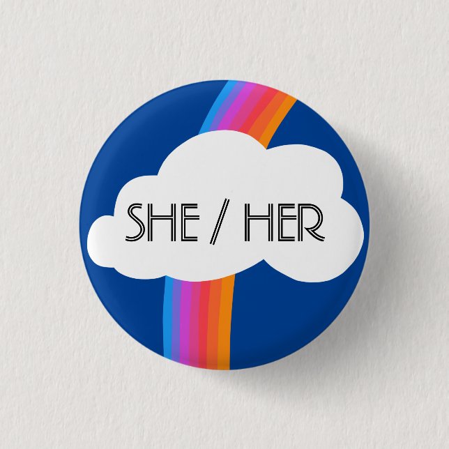 HER Pronouns farbenfrohe Regenbogenwolke Button (Vorderseite)