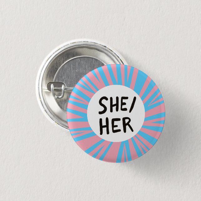 HER Pronouns farbenfrohe Trans Flag Rosa Blau Button (Vorne & Hinten)