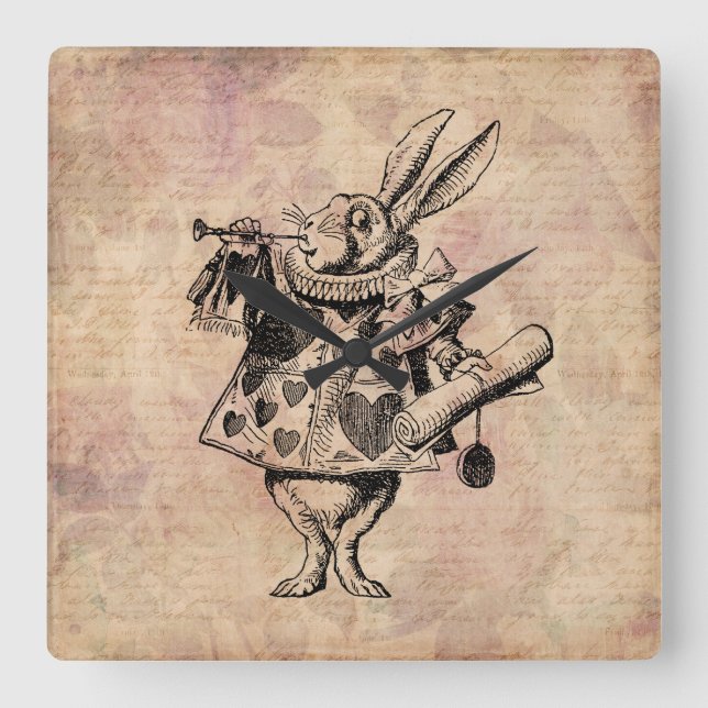 Herald White Rabbit Alice im Wunderland Floral Quadratische Wanduhr (Vorderseite)
